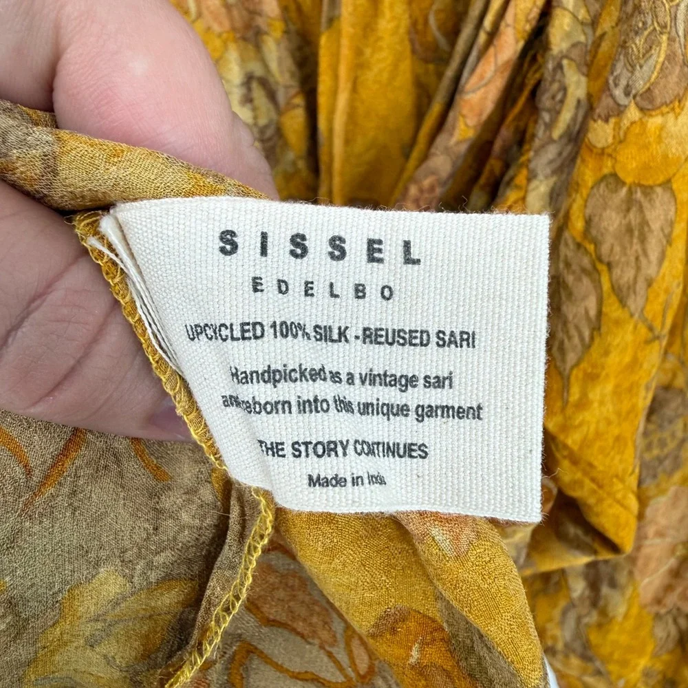 SISSEL EDELBO 100% SILK ONE SIZE MINI DRESS GOLDEN FLORAL OVERSIZED BOHO FAIRY‎